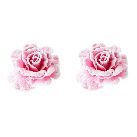 3x stuks pastel roze rozen met sneeuw op clip 10 cm - kerstversiering