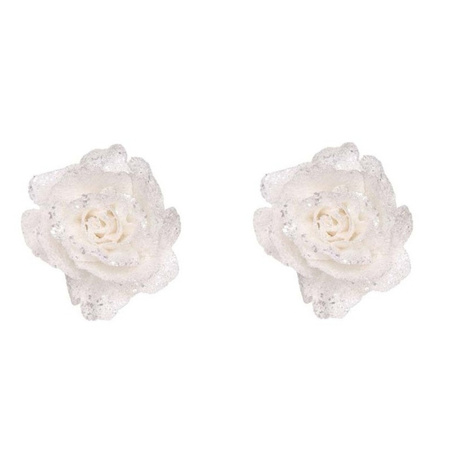 3x stuks witte rozen met glitters op clip 10 cm - kerstversiering