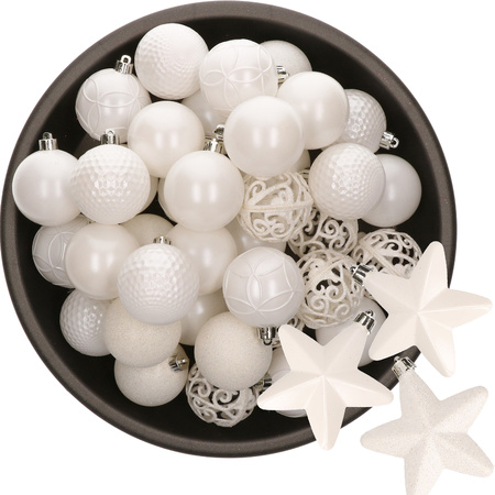 43x pcs plastic christmas baubles and stars ornaments white