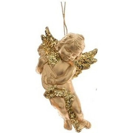 4x Gouden engel met lute kerstversiering hangdecoraties 10 cm