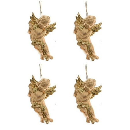 4x Gold angel with lute Christmas tree decoration 10 cm