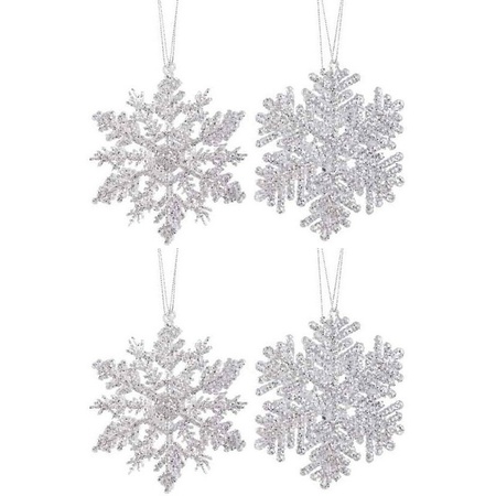 4x Kersthangers figuurtjes zilveren sneeuwvlok/ster 12cm glitter