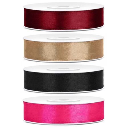 4x rolls satin ribbon - bordeaux-gold-black-pink 1,2 cm x 25 meters