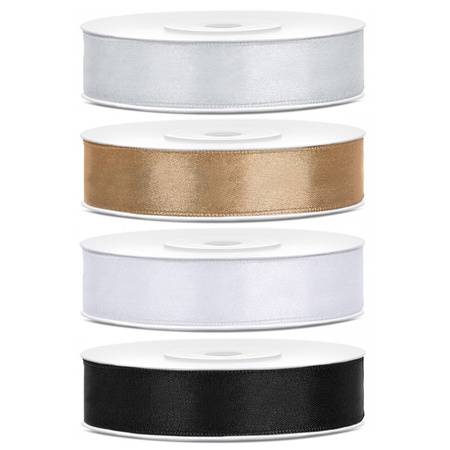 4x rolls satin ribbon - silver-gold-white-black 1,2 cm x 25 meters