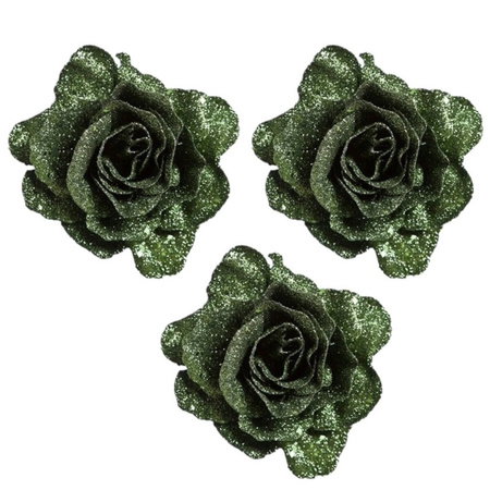 4x stuks groene rozen met glitters op clip 10 cm - kerstversiering