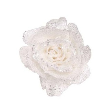 4x stuks witte rozen met glitters op clip 10 cm - kerstversiering