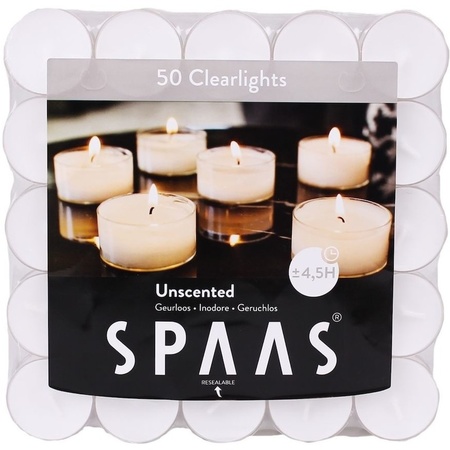 50x Clearlights white tealights candles 4.5 hours resealable