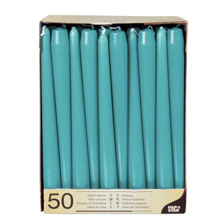 50x stuks dinerkaarsen turquoise blauw 25 cm