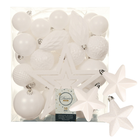56x stuks kunststof kerstballen en ornamenten met ster piek wit