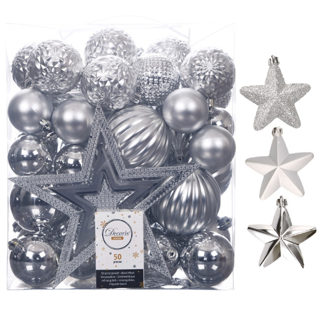 56x pcs plastic christmas baubles and ornaments including tree topper silver