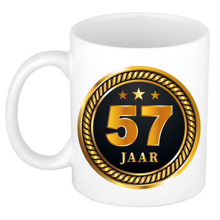 Gold black medal 57 year mug for birthday / anniversary
