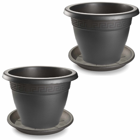 5x pieces planter pots with dish 25 cm diameter darkgrey