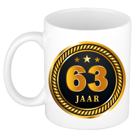 Gold black medal 63 year mug for birthday / anniversary