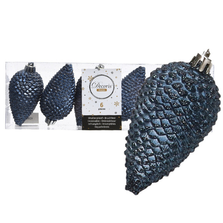 6x Dark blue pinecones Christmas baubles 8 cm plastic glitter