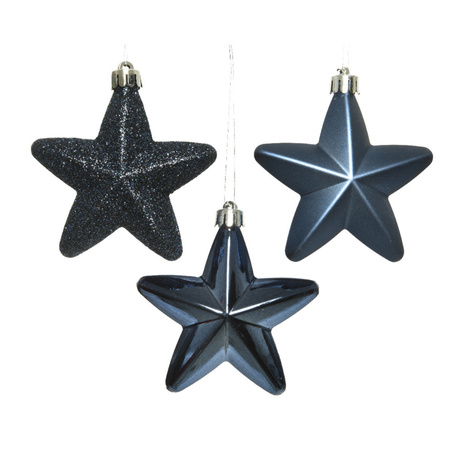 6x Dark blue stars Christmas baubles 7 cm plastic glitter