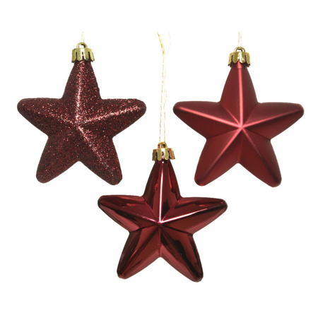 6x Dark red stars Christmas baubles 7 cm plastic glitter