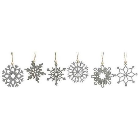6x Houten sneeuwvlok kersthangers zilver 6 cm