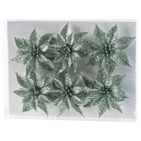 6x Kerstboomversiering mintgroene glitter kerstrozen op clip 8 cm