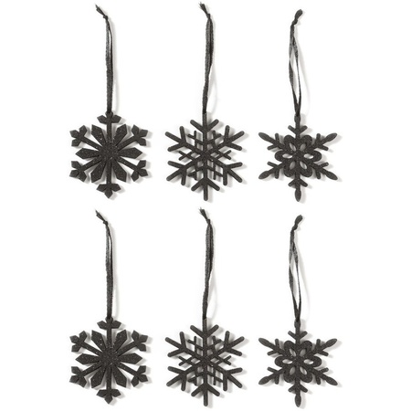 6x Kersthangers figuurtjes zwarte sneeuwvlok/ster 7,5 cm 