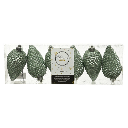 6x Sage green pinecones Christmas baubles 8 cm plastic glitt