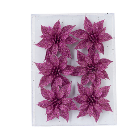 6x decoration flowers fuchsia glitter 8 cm