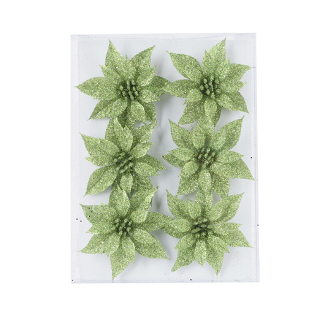 6x decoration flowers green glitter 8 cm