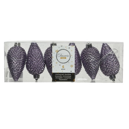 6x Glitter pinecones heather lilac purple plastic tree hangers 8 cm