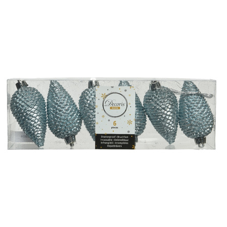 6x Glitter pinecones light blue plastic tree hangers 8 cm