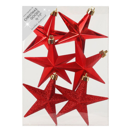 6x pcs plastic christmas tree decoration stars red 10 cm