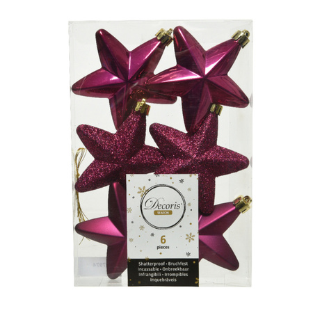 6x Plastic stars christmas tree hangers magnolia pink 7 cm 