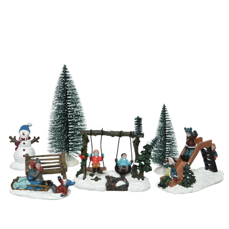 Christmas village figures and tree of polyresin