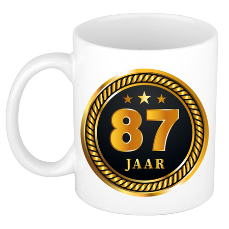 Gold black medal 87 year mug for birthday / anniversary