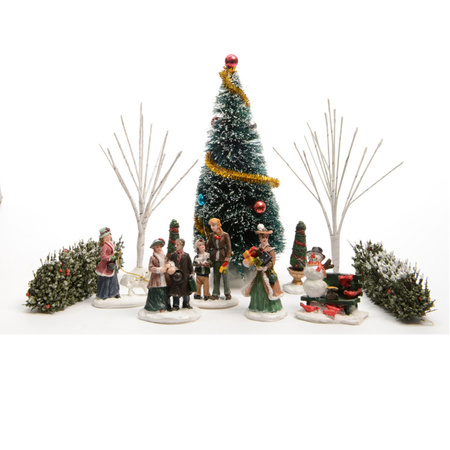 Christmas village figures and tree of polyresin