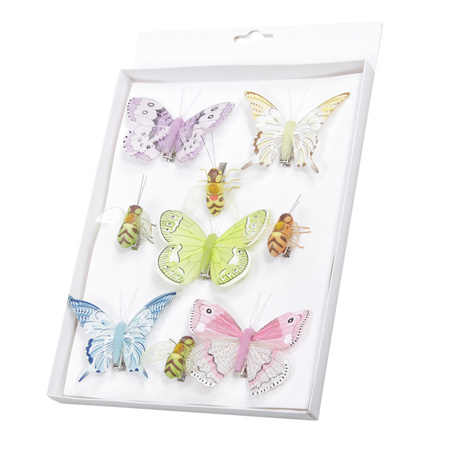 9x decoration colored butterflies/bees on clips 5 to 8 cm