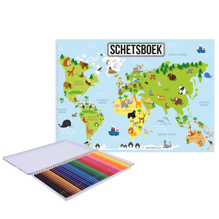 Sketchbook earth/the world white paper A4 with 36 color pencils