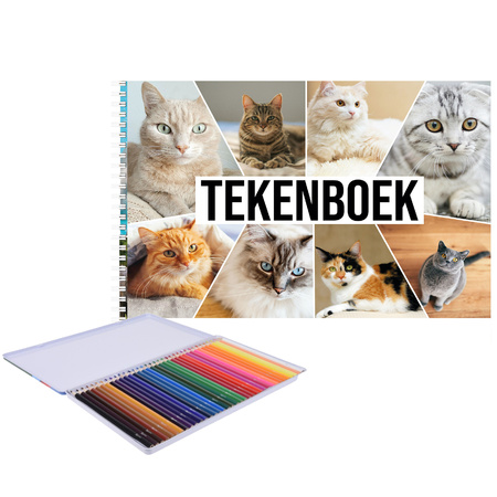 A4 formaat katten schetsboek/ tekenboek/ kleurboek/ schetsblok wit papier met 36x kleurpotloden