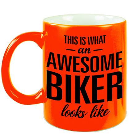 Awesome biker cadeau mok / beker neon oranje 330 ml