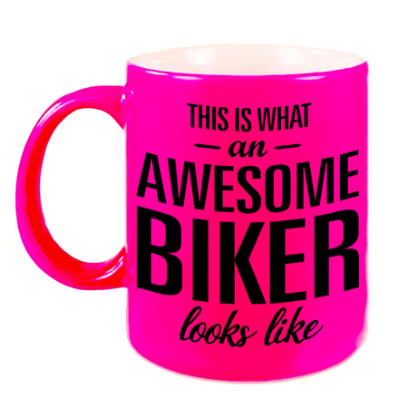 Awesome biker cadeau mok / beker neon roze 330 ml