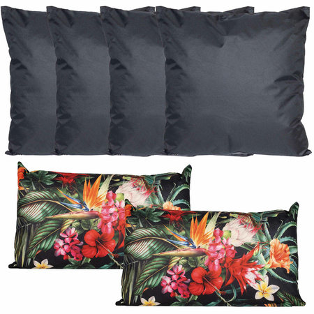 Pillows for garden couch set 6x - black/tropical summer - 45 x 45 x 10  en 30 x 50 x 10 cm