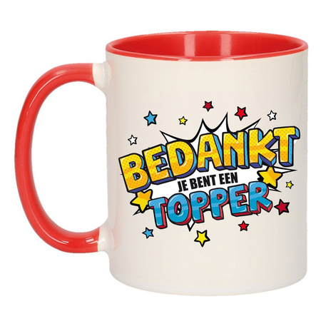 Bedankt topper mug / cup white and red with stars 300 ml