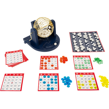 Bingo spel blauw/goud/wit complete set 21 cm nummers 1-75 met molen/167x bingokaarten/2x markers