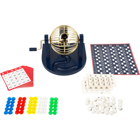 Bingo game blue/gold/white complete set 21 cm numbers 1-75 with wheel/167x cards/2x markers