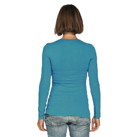 Bodyfit dames shirt lange mouwen/longsleeve turquoise