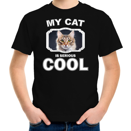 Bruine kat katten / poezen t-shirt my cat is serious cool zwart voor kinderen
