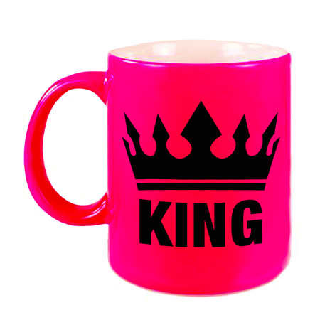 Cadeau King mok/ beker fluor neon roze met zwarte bedrukking 300 ml