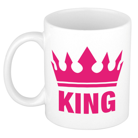 Cadeau King mok/ beker wit met fuchsia roze bedrukking 300 ml
