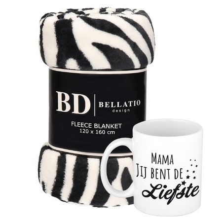 Gift mother set: Fleece plaid/blanket zebra print 120 x 160 cm with Mama jij bent de liefste mug 300