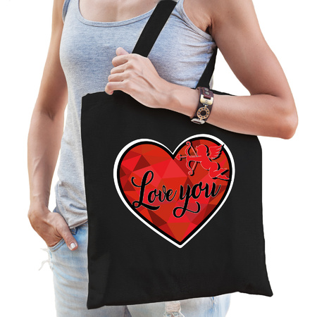 Valentines gift bag Love you - cotton - black - 42 x 38 cm