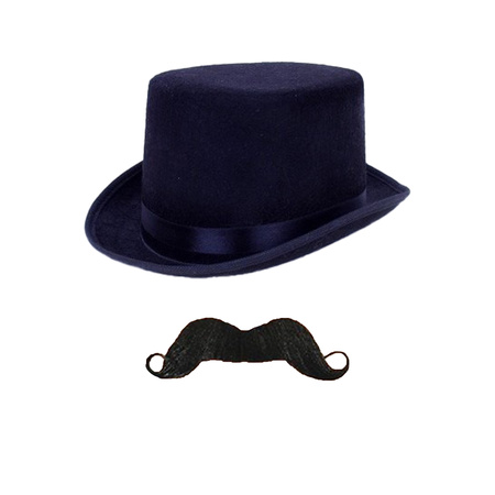 Carnaval verkleed set Aristoctaat/Gentleman Allister - Hoge hoed met plaksnor - Heren