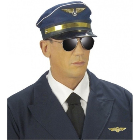 Carnaval verkleed set - pilotenpet - blauw - met een wings broche - heren/dames
